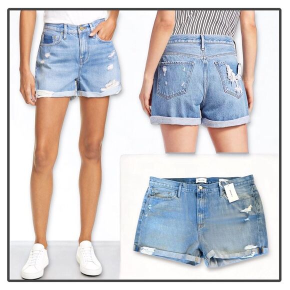 NWT Frame Denim Le Beau Distressed Cuffed Hem Jean Shorts in Elsey Rips - Picture 2 of 16